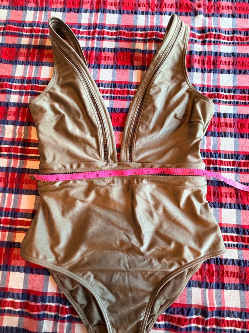 Ted Baker London Deep V Khaki Pointelle One-Piece Swimsuit - Picture 10 of 12